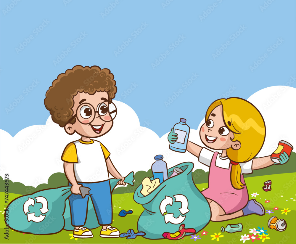 Vector illustration of boys and girls collecting plastic bottles and garbage in the park