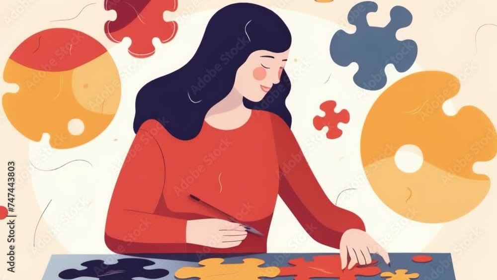 A student completing a jigsaw puzzle to practice goaloriented behavior and pattern recognition. Psychology art concept. .