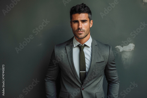 An attractive male model in stylish business attire, showcasing charm while standing against a textured concrete backdrop.