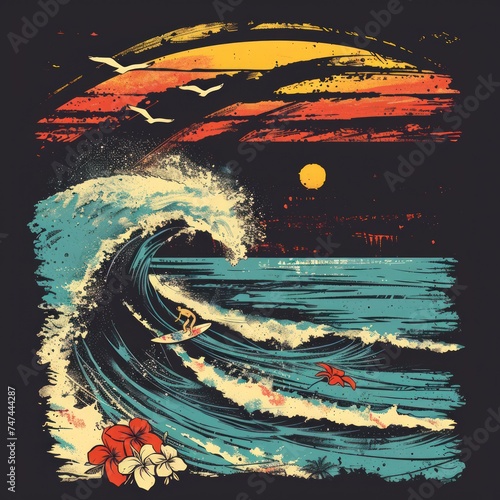  a hawaii surfing tshirt is shown, in the style of vintage graphic design, bold colorful lines, dark navy and light gray