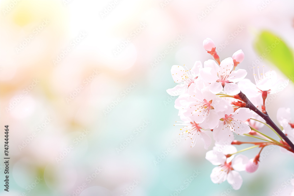 Soft focus of cherry blossoms against light blue bokeh background