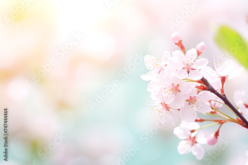 Soft focus of cherry blossoms against light blue bokeh background