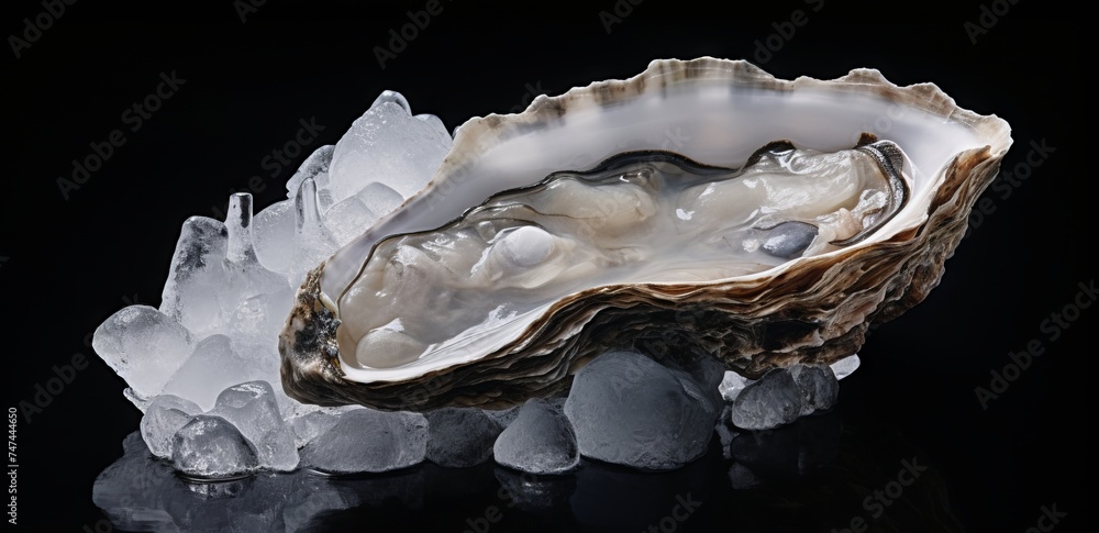Fresh oysters on ice on a black background. Fresh oysters on ice on a black background.