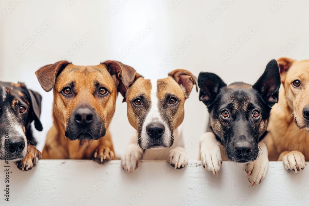 Happy adorable dogs of different breeds peeking out from behind a plain blank billboard banner with copyspace for text