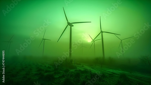  Wind Turbines under the Northern Lights in a Richly Colored Sky Wind turbines generating renewable energy in a vast field under the blue sky. © JubkaJoy