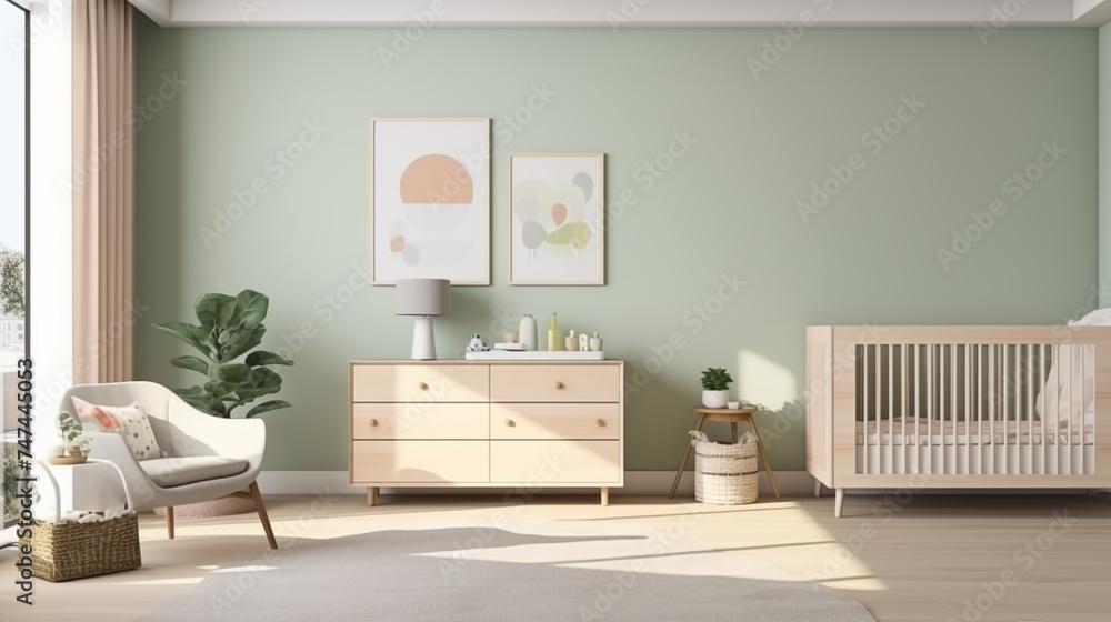 Jasny przytulny pokój dziecka w stylu minimalistycznym skandynawskim z mockupem obraz - dekoracje na ścianie. Zielone miętowe odcienie kolory wnętrza. Render 3d. Wizualizacja