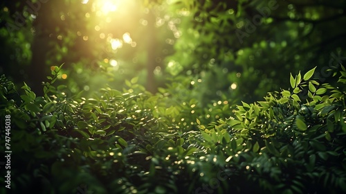 Sunlight Streaming Through a Forest , Dew on the green grass, under the summer sun, amidst nature's vibrant hues
