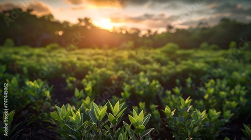 Sunset Field of Green Plants and Sunrise: Sky, Fields, Grass, and Nature in Radiant Splendor