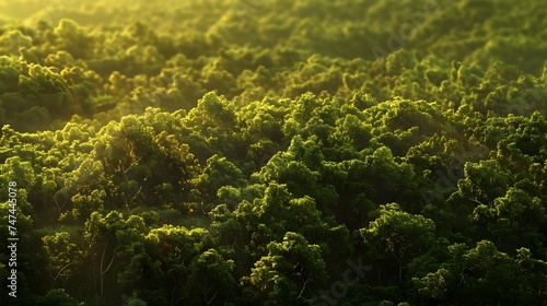 Aerial Forest View at Sunrise with Sun Rays Forest landscape with green grass, trees, moss, and blue sky