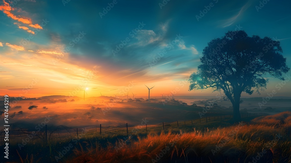 Sunrise over pastures with wind turbines in this dreamlike illustration. A serene sunset at a misty in futuristic landscapes style - obrazy, fototapety, plakaty 