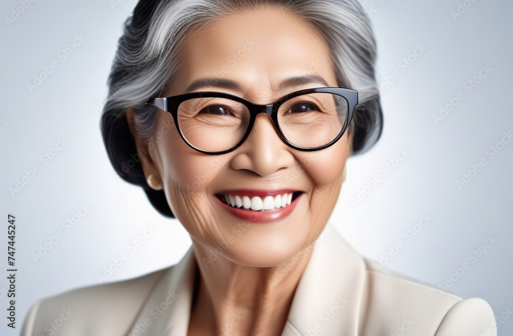 Smiling confident stylish mature middle aged woman. Portrait of happy older female on gray background. Banner design with copy space. Close up charming asian old lady in glasses. Elderly people Smiling confident stylish mature middle aged woman. Portrait of happy older female on gray background. Banner design with copy space. Close up charming asian old lady in glasses. Elderly people