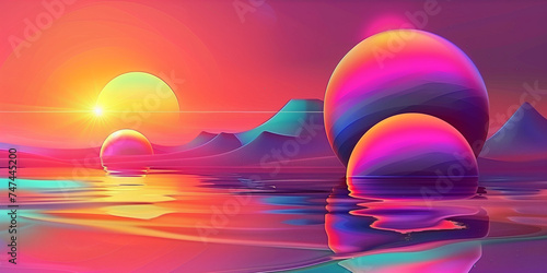 Fantastic abstract landscape background pattern. Cyberpunk and vaporwave style. Purple, red, blue bright colors. Abstract horizontal banner. 80's graphic design style. Digital bitmap. AI artwork.