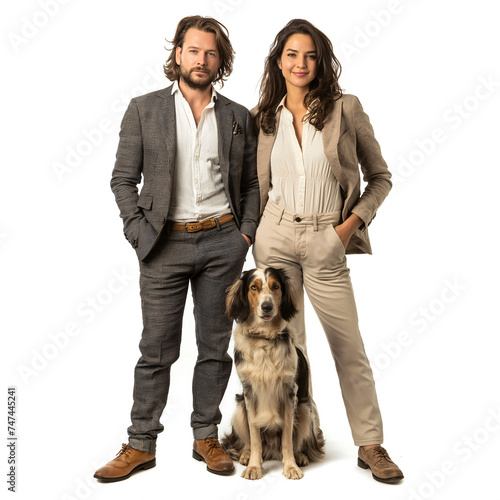 Handsome couple with a Tornjak dog photo