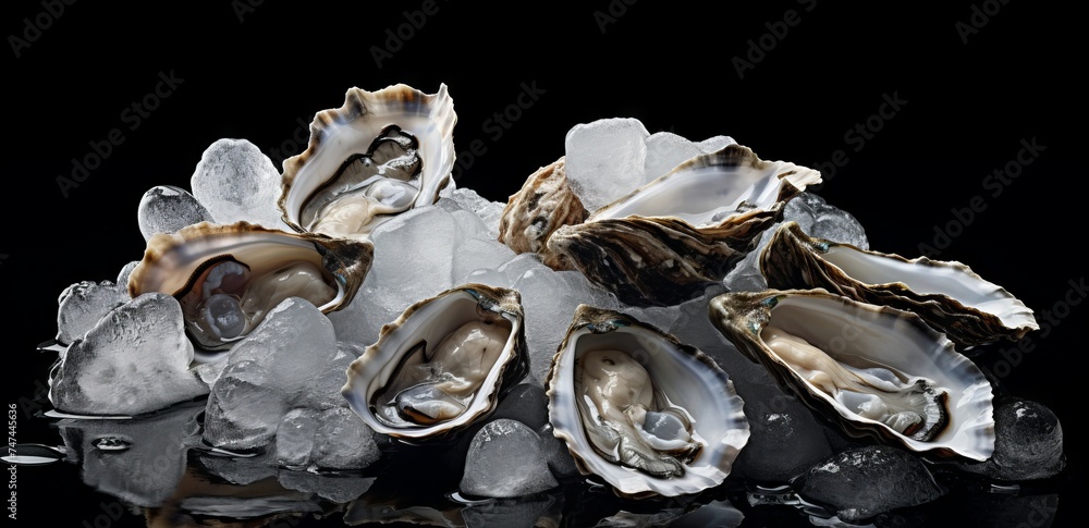 Fresh oysters on ice on a black background. Fresh oysters on ice on a black background.