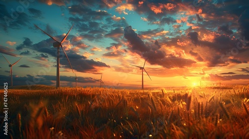 Wind Turbines in field at Sunset. Renew energy and sustainability development concept  photo