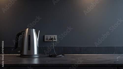 Modern kitchen setup: Electric kettle plugged into a power socket on a dark gray wall indoors. Ideal for stock images illustrating modern living, technology in the kitchen, and home convenience