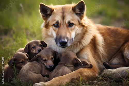 A devoted mother dog tenderly nurtures and watches over her precious pups, their tiny forms nestled closely to her side in a heartwarming display of familial love and protection