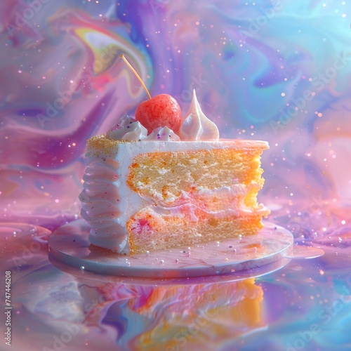 Tom's discovery of a new element, symbolizing hope and creativity, visualized as a cake embodying ENFP traits, against an abstract pastel backdrop photo