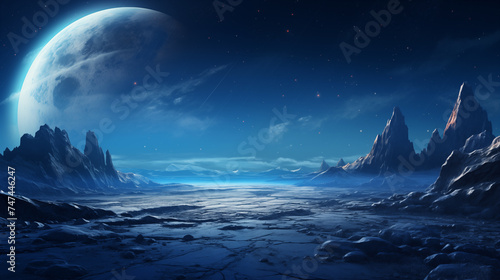 Frozen stone rocky alien landscape under giant moon