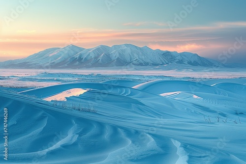Winter landscape with snow covered field and mountains in the background. Suitable for various winter themed designs