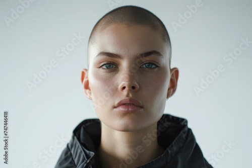 A woman with a shaved head and piercing blue eyes, suitable for various concepts photo