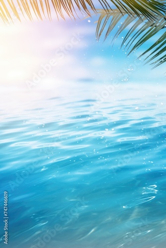 A serene ocean view with a palm tree in the foreground. Suitable for travel and vacation themes © Fotograf