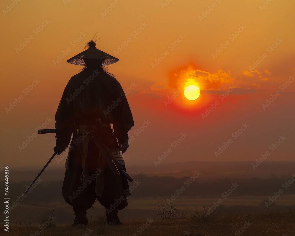 A lone samurai stands at dawn his silhouette against the rising sun