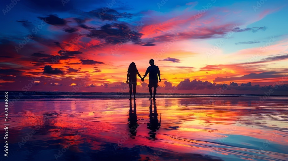 A couple holding hands silhouetted against a vibrant sunset over the ocean