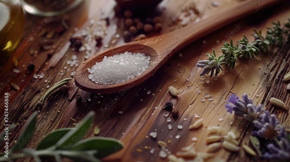 A simple wooden spoon with sea salt and delicate lavender flowers. Perfect for culinary or spa themed designs
