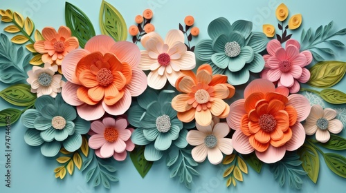 Close up of paper flowers on blue background, suitable for various design projects