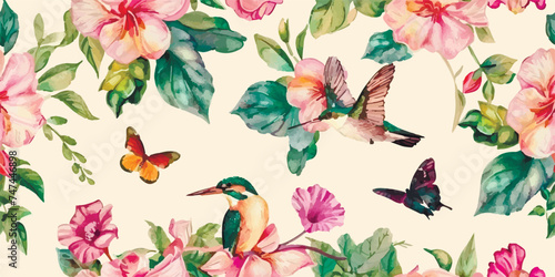 Spring seamless pattern with branches, leaves, birds on background, Natural winter decoration, spring illustration