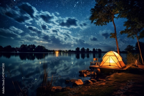 A yellow tourist tent stands on the river bank at night under the starry sky next to a campfire in a campsite