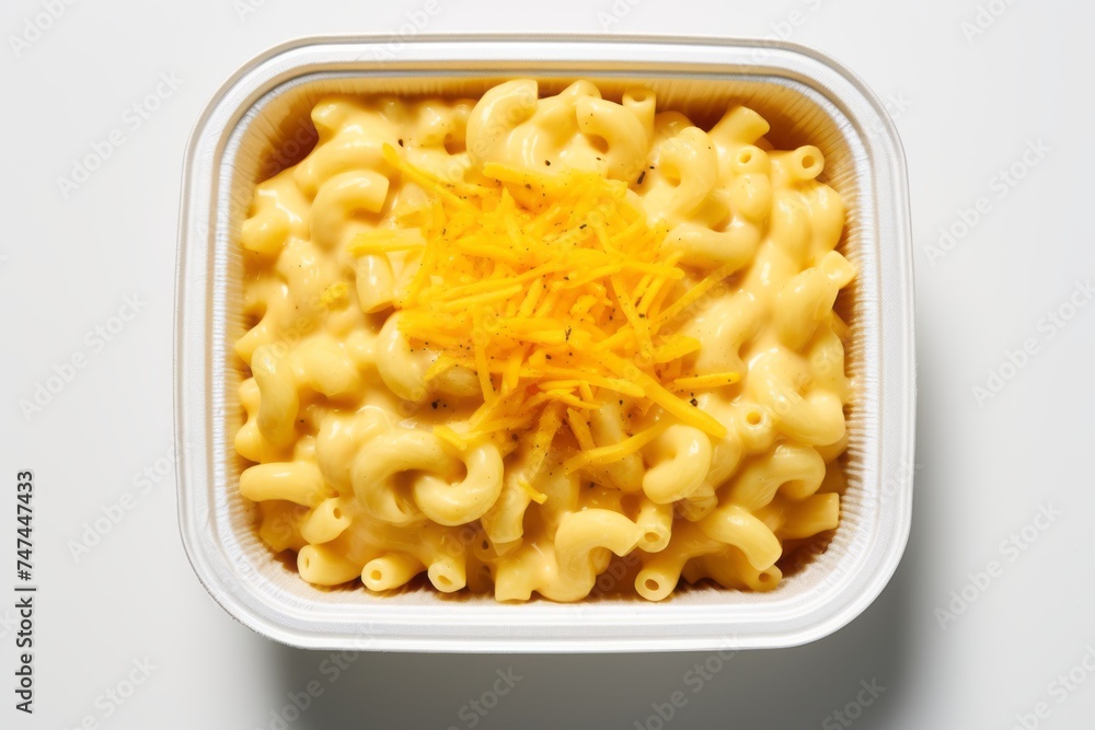Highly detailed close-up photography of a juicy macaroni and cheese in a bento box against a white marble background. AI Generation Highly detailed close-up photography of a juicy macaroni and cheese in a bento box against a white marble background. AI Generation