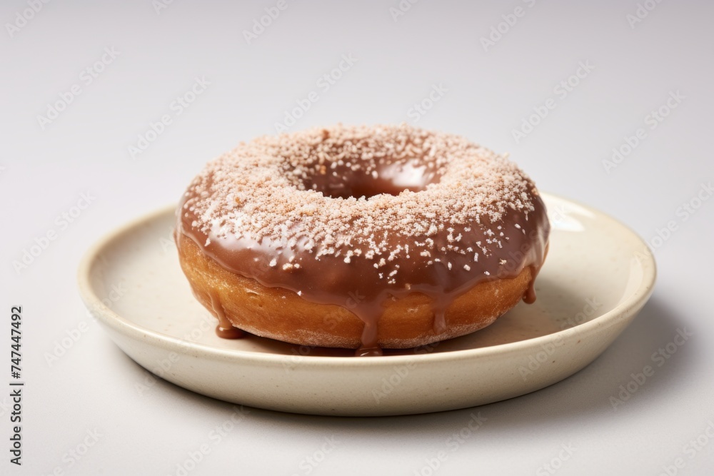 Highly detailed close-up photography of a delicious doughnut in a clay dish against a white marble background. AI Generation