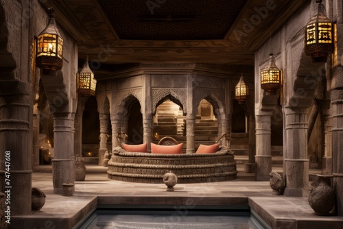 Luxury beautiful rich interior of a traditional Turkish hammam. Concept of turkish holiday rest relaxation, spa body care