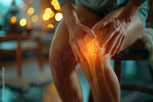 Close-up of a woman experiencing severe knee pain indicative of osteoarthritis or a leg injury photo