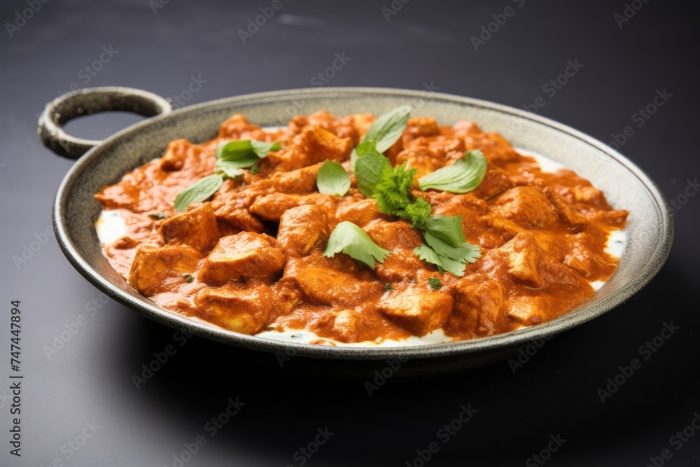 Detailed close-up photography of an exquisite chicken tikka masala on a porcelain platter against a white marble background. AI Generation Detailed close-up photography of an exquisite chicken tikka masala on a porcelain platter against a white marble background. AI Generation