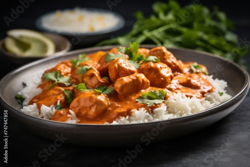Detailed close-up photography of an exquisite chicken tikka masala on a porcelain platter against a white marble background. AI Generation