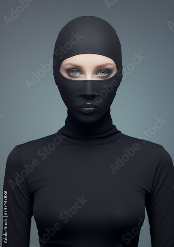 A Portrait of a Woman Dressed in Minimal Stealth Style Black Clothing-Against a Grey Background