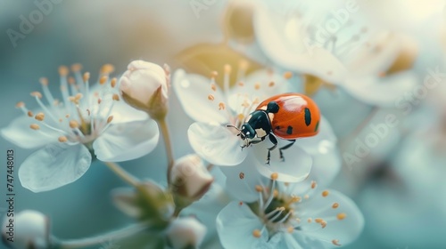 A ladybug perched on a delicate white flower. Perfect for nature and garden themes