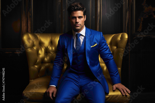 Charming gentleman donning a bold cobalt blue suit, radiating charisma against a contemporary matte gold background.