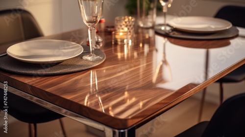 A simple wooden table with neatly arranged plates and glasses. Ideal for restaurant menus or home dining concepts