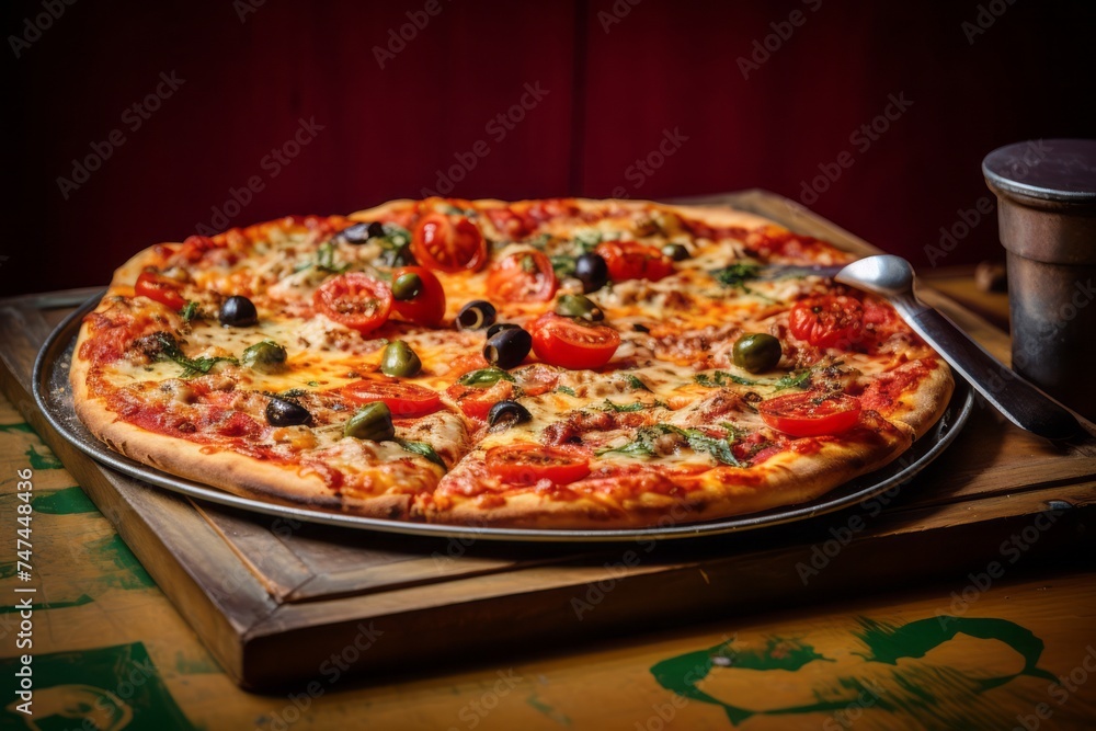 Close-up view photography of an exquisite pizza on a plastic tray against a painted brick background. AI Generation