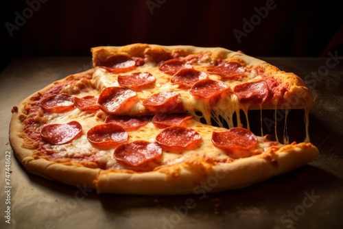 Highly detailed close-up photography of a tasty pizza on a ceramic tile against a painted brick background. AI Generation