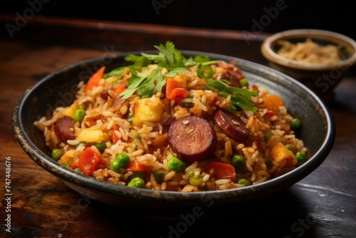 Close-up view photography of an hearty fried rice in a clay dish against a painted brick background. AI Generation