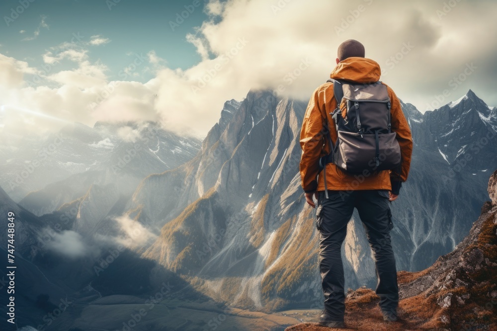 A man standing on the top of a mountain with a backpack. Perfect for outdoor adventure and travel concepts A man standing on the top of a mountain with a backpack. Perfect for outdoor adventure and travel concepts