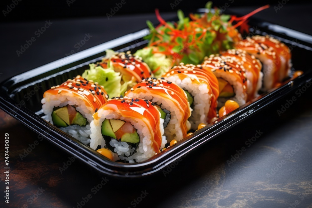 Natural light close-up photography of a delicious sushi on a plastic tray against a painted brick background. AI Generation Natural light close-up photography of a delicious sushi on a plastic tray against a painted brick background. AI Generation