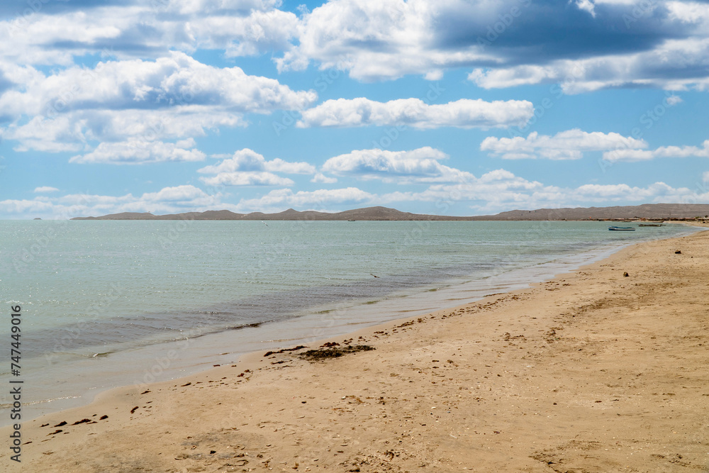 Beach at Cabo de Vela with sea view and blue sky, Guajira, Colombia.