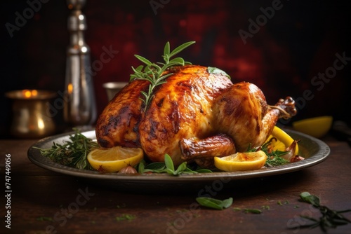 Detailed close-up photography of an exquisite roast chicken on a rustic plate against a painted brick background. AI Generation