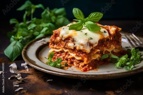 Highly detailed close-up photography of a refined lasagna on a marble slab against a painted brick background. AI Generation